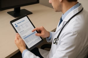 create a image of a doctor using a computer or ipad looking at patients charts do not show the doctors face-1