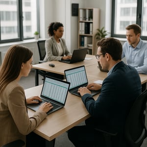 create an image of a finance office with employees working on laptops looking at spreadsheets-1