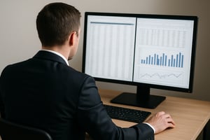 create an image of a financial business man working on a computer looking at spreadsheets do not show his face just show the back of his head and body-2