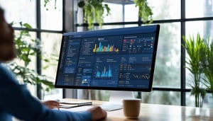 The image depicts a modern office environment, featuring a sleek, minimalist workspace with a large desktop computer displaying a colorful dashboard o